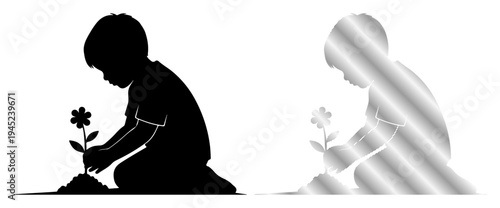 Child planting a flower, symbolizing growth and new beginnings.