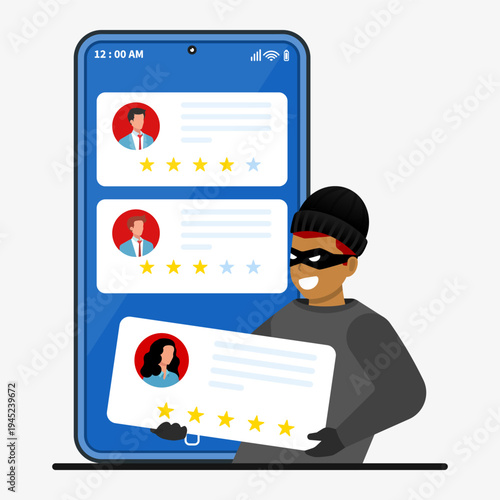 Masked thief in beanie holds five-star customer review card beside smartphone displaying online star ratings.