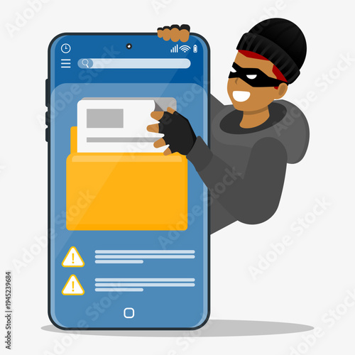 Hacker trying to stealing confidential document from smartphone folder. Concept of data theft, mobile hacking and personal data theft.