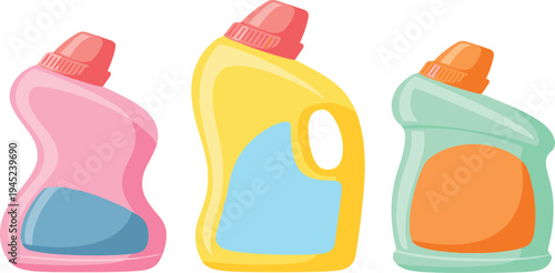 Laundry Detergent Bottle Vector Set Featuring Colorful Plastic Containers for Washing Liquid, Household Cleaning and Laundry Care Products