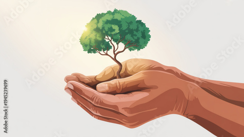Hands cradling a small tree with green leaves symbolizing growth and environmental care