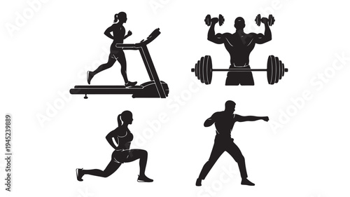 Set of 4 fitness icons vector, black silhouettes