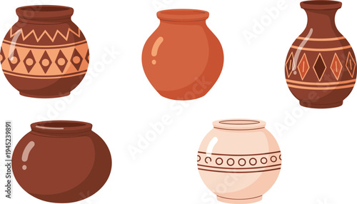 Clay Pottery Vase Collection with Traditional Ceramic Jars, Decorative Tribal Patterns and Handmade Earthen Pot Illustration Vector Set