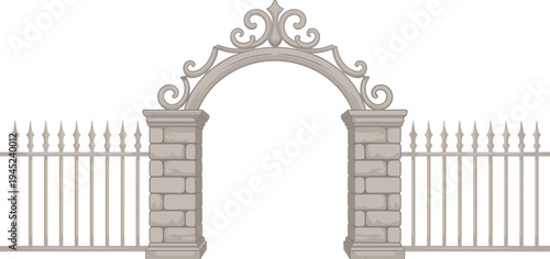 Elegant decorative stone archway vector illustration with ornate scrollwork, stone pillars, wrought iron fence, classical architectural details, and secure boundary design for historical, garden, and 