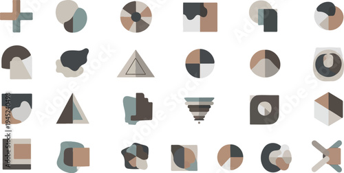 Collection of abstract geometric shapes and organic forms in muted colors