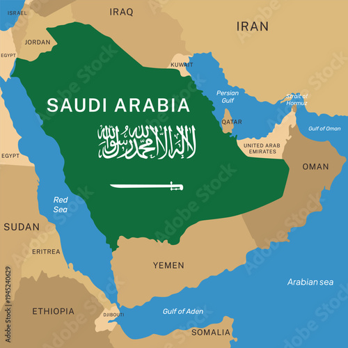 Topographic map background of Saudi Arabia and the Middle East. Strait of Hormuz