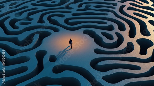 Lone figure in an abstract maze with glowing ground light, contemplating choices from an elevated viewpoint