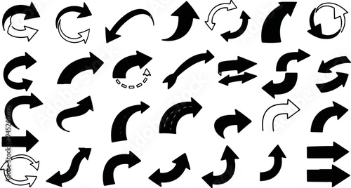 Collection of diverse black and white arrow shapes and orientations