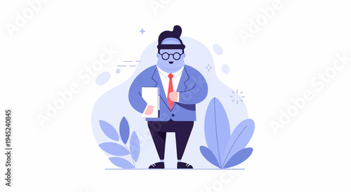 Cheerful, plump individual in suit and tie holds document amidst abstract plant forms