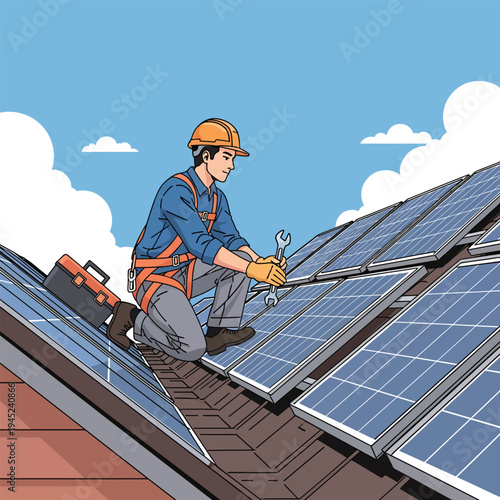 Worker installing solar panels on a rooftop with tools