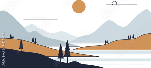 Minimalist mountainous landscape with a lake and trees under a sun