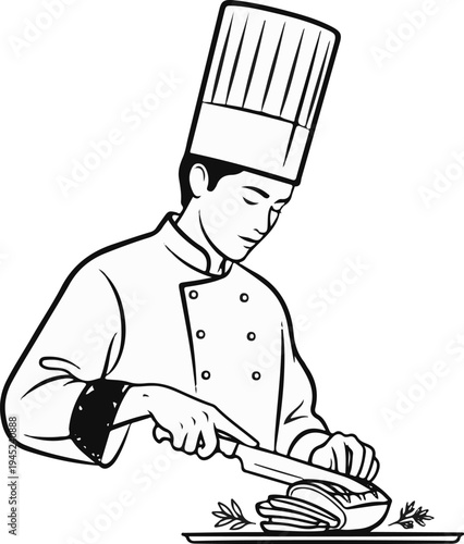 Chef in toque hat meticulously slices meat on a platter with herbs