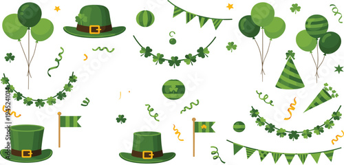 St. Patrick's Day Celebration Elements Set with Balloons, Hats, Banners, Flags, and Streamers for Party Decorations and Festive Designs