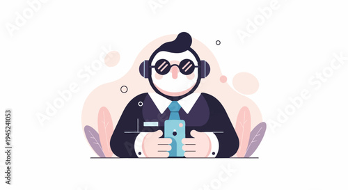 Man in suit and headphones holding phone, surrounded by abstract shapes