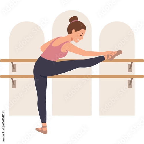Woman performing ballet stretch exercise with leg extended at barre in studio