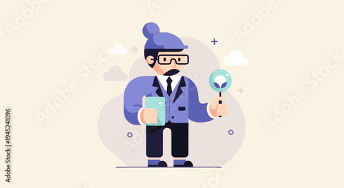 Man in suit examining a sprout under a magnifying glass