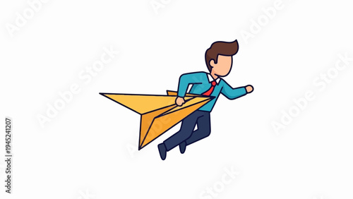 Man in suit flying on a large paper airplane, speed motion