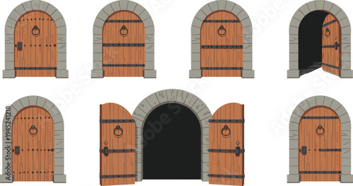 Collection of eight medieval wooden doors with stone arch frames, iron hinges, knockers, and textured wood designs, perfect for historical architecture, illustration, and educational design projects.