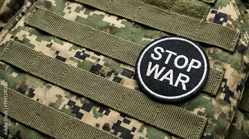 A close-up of a camouflage bulletproof vest with a stop-war chevron