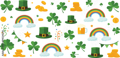 St. Patrick's Day Celebration Elements with Green Hats, Shamrocks, Rainbows, Gold Coins, and Beer for Festive Illustrations and Designs