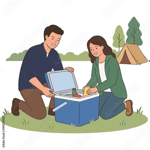 Couple packing food and drinks into a cooler outdoors at campsite