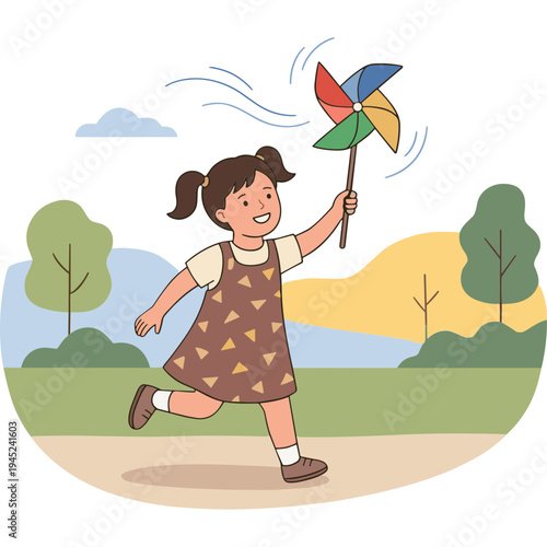 A young girl runs with a pinwheel in a park on a sunny day