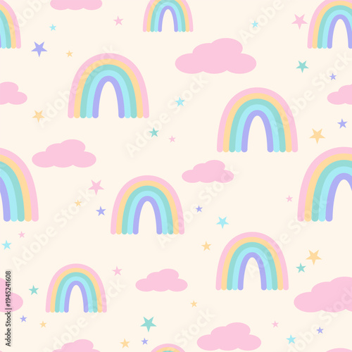 A cute seamless pattern with a rainbow and pink clouds and stars. Perfect for fabric, gift wrapping, clothing, textiles, surface textures, and scrapbooking. Vector illustration.