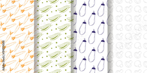 Set of seamless patterns with colored engraved vegetables. Backgrounds feature hand drawn champignons, carrots, eggplant, green peas. Gardening sketches, prints, vector graphics