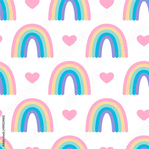 A cute seamless pattern with a rainbow and pink hearts on a white background. Perfect for fabric, gift wrapping, apparel, textiles, surface textures, and scrapbooking. Vector illustration.