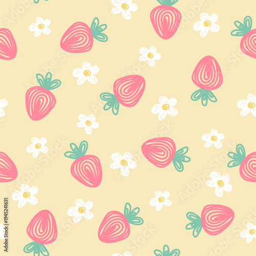 A cute seamless pattern with hand-drawn flowers and strawberries. Perfect for fabric, gift wrapping, apparel, textiles, surface textures, and scrapbooking. Vector illustration.