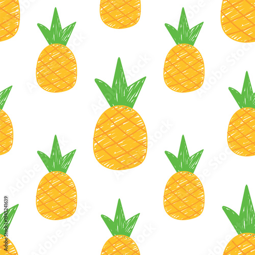 A cute seamless pattern with hand-drawn pineapples on a white background. Perfect for fabric, gift wrapping, apparel, textiles, surface textures, and scrapbooking. Vector illustration.