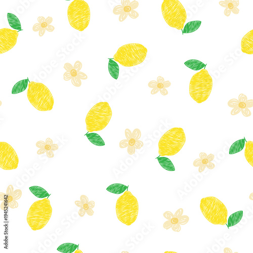 A cute seamless pattern with hand-drawn flowers and lemons. Perfect for fabric, gift wrapping, apparel, textiles, surface textures, and scrapbooking. Vector illustration.