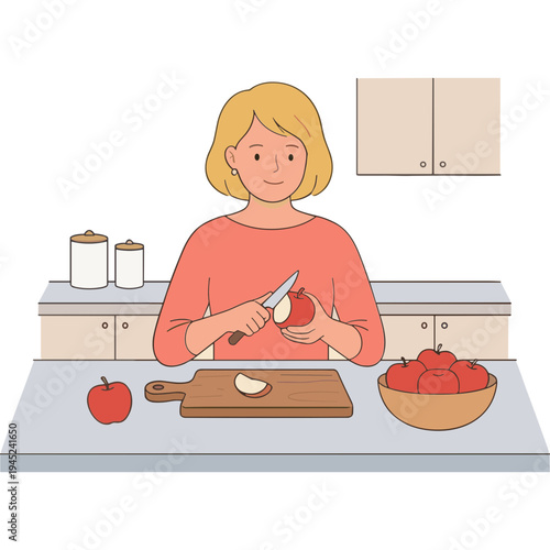 Woman cutting apples on kitchen countertop with bowl of apples nearby.