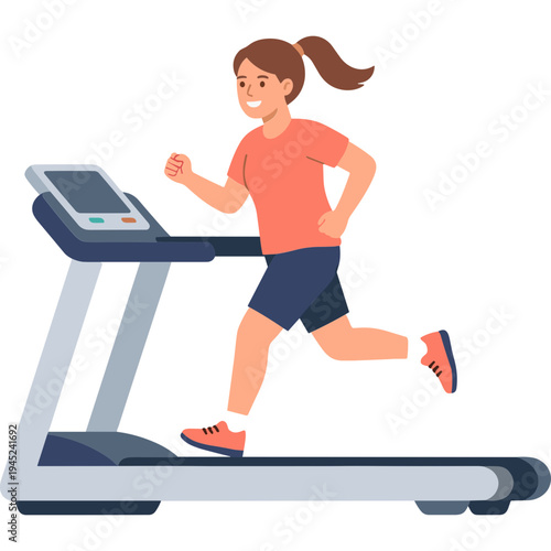 A woman runs on a treadmill in a gym with a focused expression.