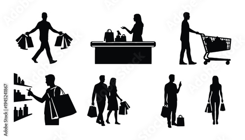 Shopping icon set with silhouette people and bags