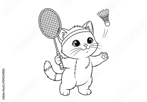 Cute cartoon cat playing badminton with a racket and shuttlecock, wearing a headband, black and white outline vector illustration for coloring books and children's activities