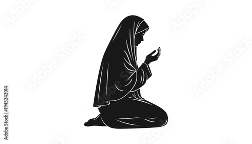 A Muslim woman praying in a black silhouette illustration style