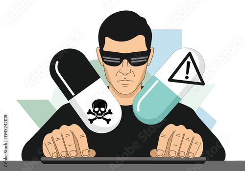 Cybercrime and Dark Web Drug Dealing Vector Illustration: Hacker in Sunglasses Typing on Keyboard with Poison and Warning Pills