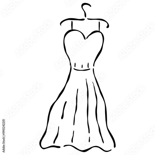 Hand-Drawn Wedding Dress Doodle on Hanger, Elegant Bridal Gown and Fashion Sketch Element.