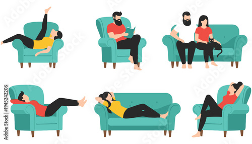 Sofa vector illustration of people relaxing in different positions