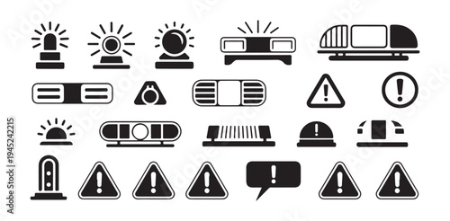Emergency siren and warning light vector icons set for police or ambulance safety equipment