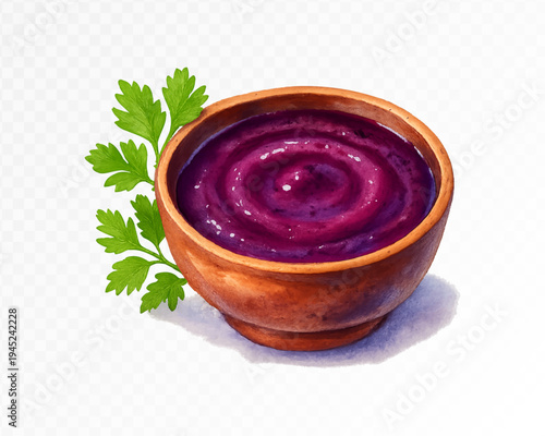 Watercolor style illustration of creamy purple vegetable soup in rustic bowl with parsley garnish, healthy homemade dish isolated for restaurant menu design and culinary branding. Vector illustration.