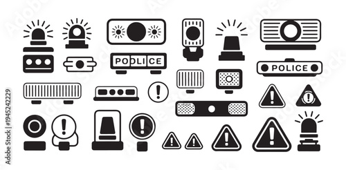 Police warning light and alert sign vector icons set for emergency and safety notification