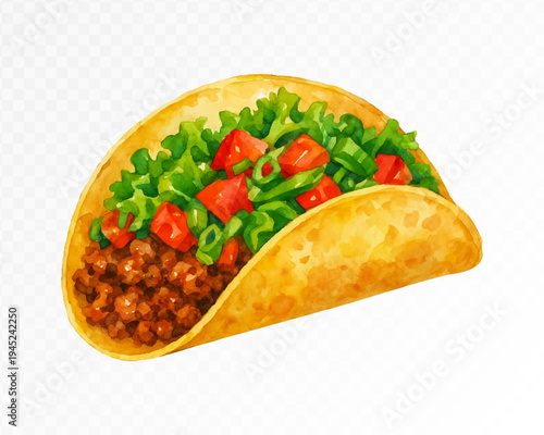 Watercolor style illustration of taco filled with minced meat, lettuce and tomato, vibrant Mexican street food isolated for restaurant menu design, packaging and culinary branding. Vector illustration