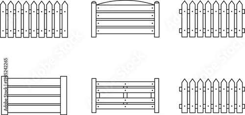 Minimal wooden fence set illustration collection, black outline garden barrier icons isolated on white background, simple picket fence designs for landscaping, yard boundary, and outdoor 