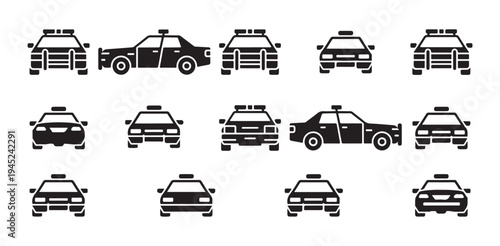 Police car vector icons set showing various angles of emergency patrol vehicles