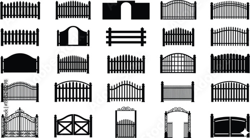 ollection of twenty-five black silhouette fence and gate designs featuring picket, wrought iron, wooden, decorative archways, ornate scrollwork, modern and traditional architectural inspiration
