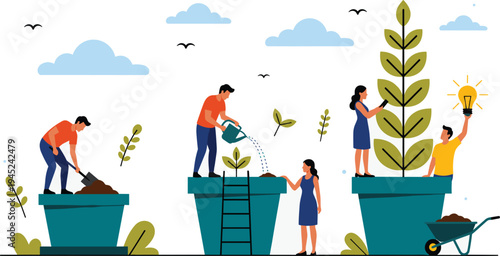 reative illustration of teamwork and growth with people planting, watering, nurturing plants, and holding light bulb symbolizing innovation, collaboration, development, and business succes
