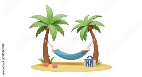Tropical Beach Scene with Hammock Strung Between Two Palm Trees and a Tote Bag