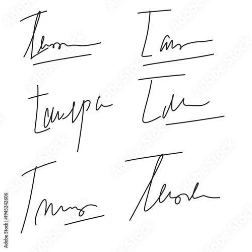 Autograph or business signature of facsimile handwritten by pen, isolated vector set. Name or Surname personal signatures in letters, handwriting ink pen or facsimile examples for documents in eps 10.
